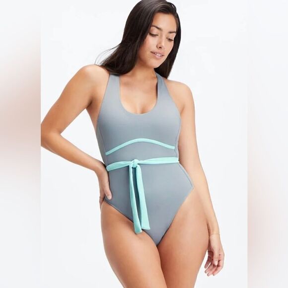 Fabletics Lace Up Razorback Swimsuit One Piece NWT Raincloud Sky Blue NWT Size S - Picture 1 of 4